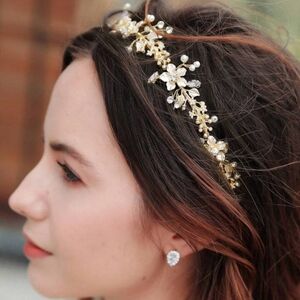 Vintage Style Forest Bridal Headband Crown Gold With Ribbons